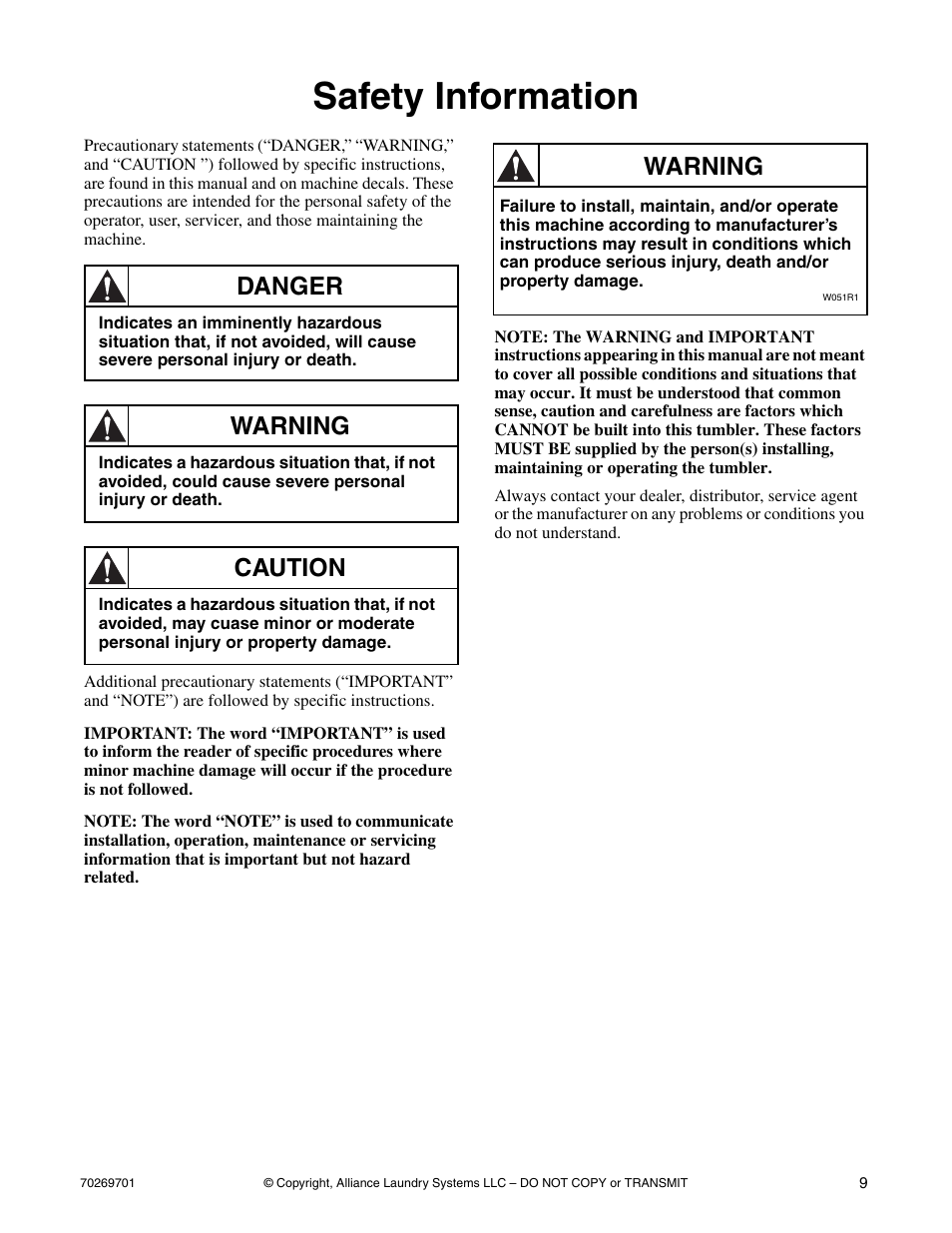 Safety information, Danger, Warning | Caution | Alliance Laundry Systems 70269701R4 User Manual | Page 11 / 66