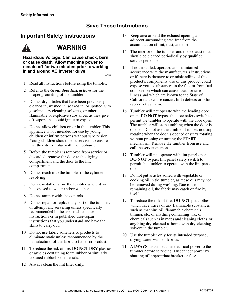 Important safety instructions, Warning | Alliance Laundry Systems 70269701R4 User Manual | Page 12 / 66