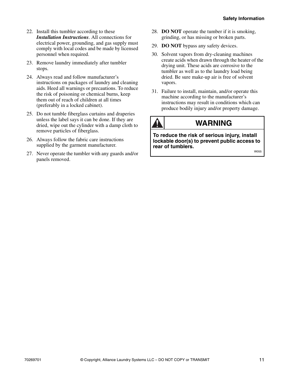 Warning | Alliance Laundry Systems 70269701R4 User Manual | Page 13 / 66