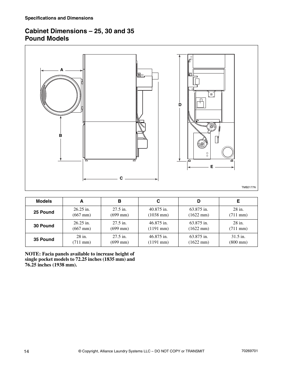 Cabinet dimensions – 25, 30 and 35 pound models | Alliance Laundry Systems 70269701R4 User Manual | Page 16 / 66