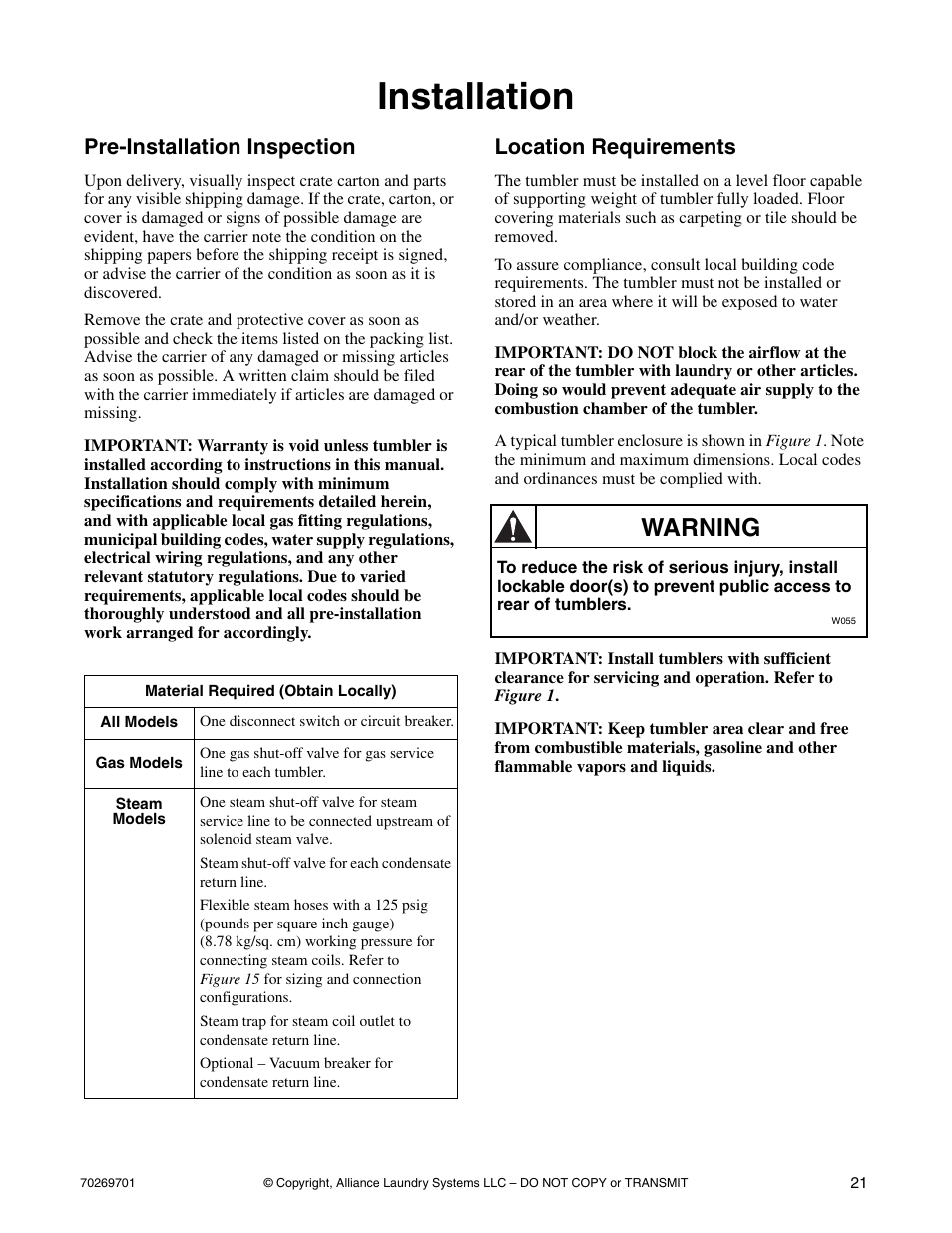 Installation, Pre-installation inspection location requirements, Warning | Pre-installation inspection, Location requirements | Alliance Laundry Systems 70269701R4 User Manual | Page 23 / 66