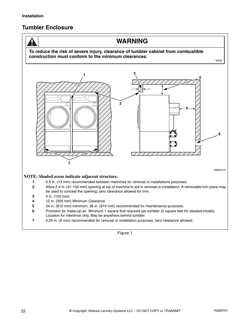 Tumbler enclosure, Warning | Alliance Laundry Systems 70269701R4 User Manual | Page 24 / 66