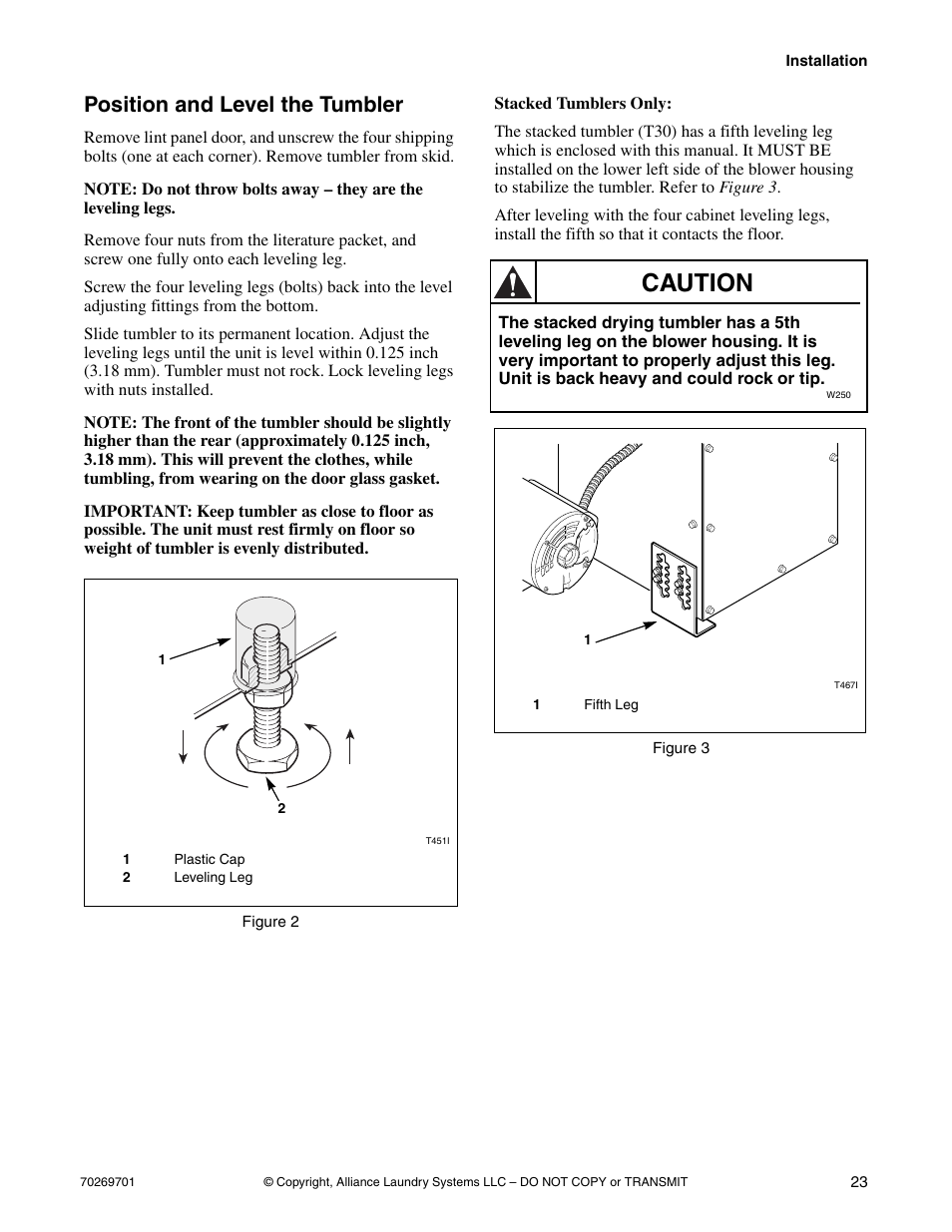 Position and level the tumbler, Caution | Alliance Laundry Systems 70269701R4 User Manual | Page 25 / 66
