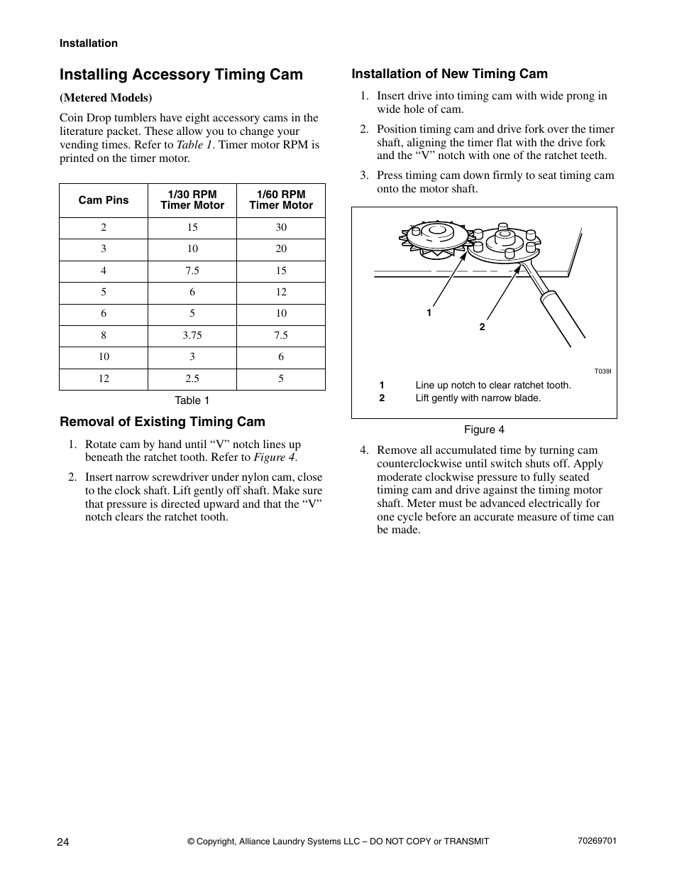 Installing accessory timing cam | Alliance Laundry Systems 70269701R4 User Manual | Page 26 / 66