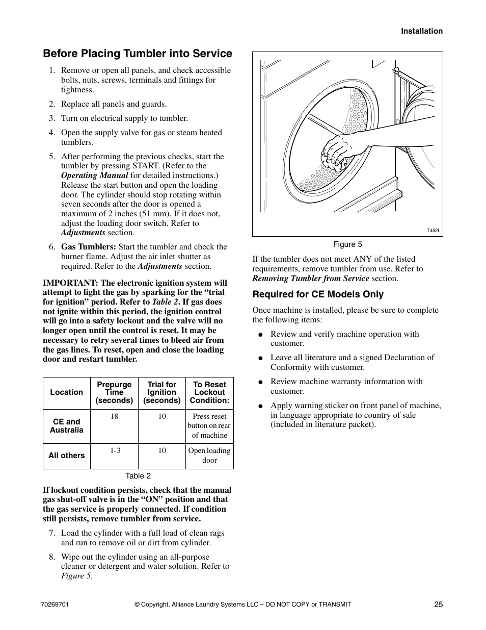 Before placing tumbler into service, Required for ce models only | Alliance Laundry Systems 70269701R4 User Manual | Page 27 / 66
