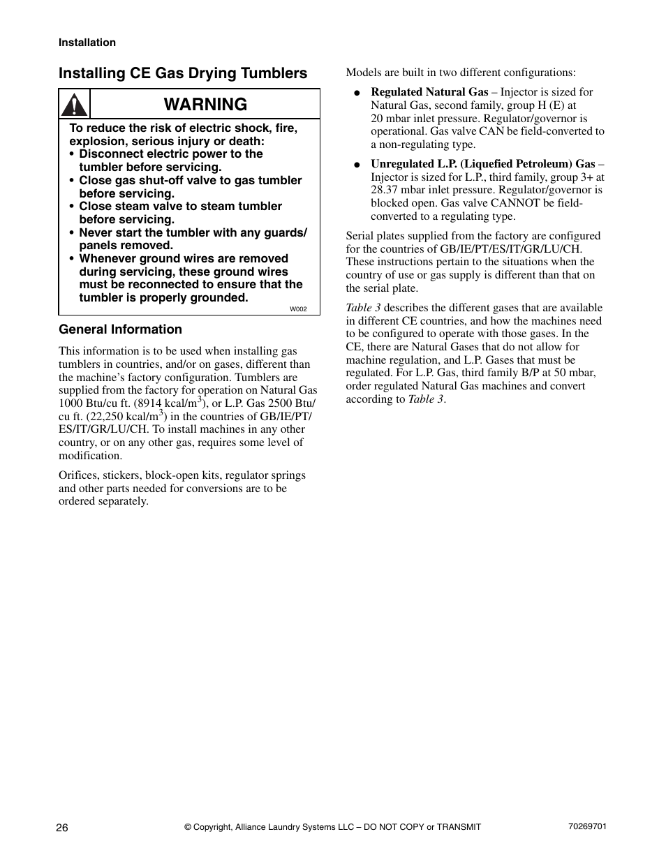Installing ce gas drying tumblers, General information, Warning | Alliance Laundry Systems 70269701R4 User Manual | Page 28 / 66
