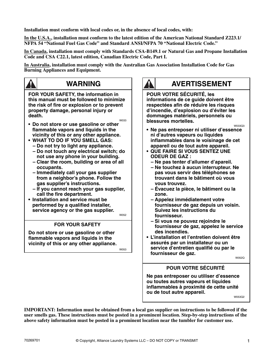 Warning, Avertissement | Alliance Laundry Systems 70269701R4 User Manual | Page 3 / 66