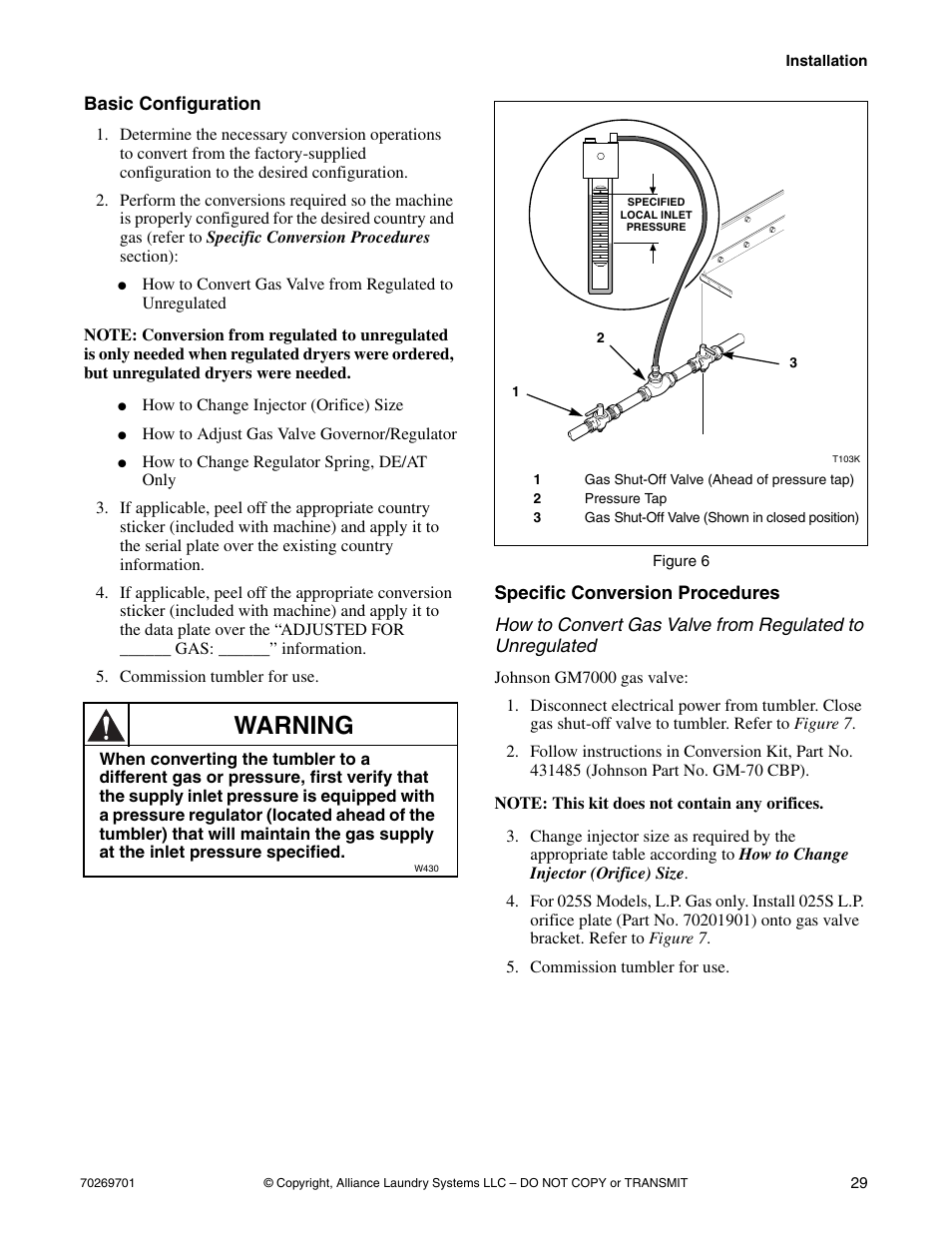 Basic configuration specific conversion procedures, Warning | Alliance Laundry Systems 70269701R4 User Manual | Page 31 / 66