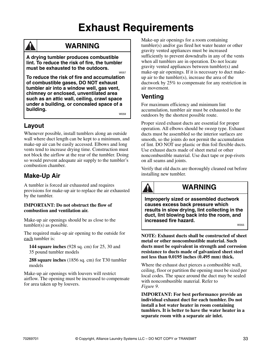 Exhaust requirements, Layout make-up air venting, Warning | Layout, Make-up air, Venting | Alliance Laundry Systems 70269701R4 User Manual | Page 35 / 66
