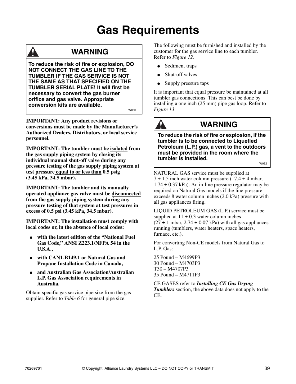 Gas requirements, Warning | Alliance Laundry Systems 70269701R4 User Manual | Page 41 / 66