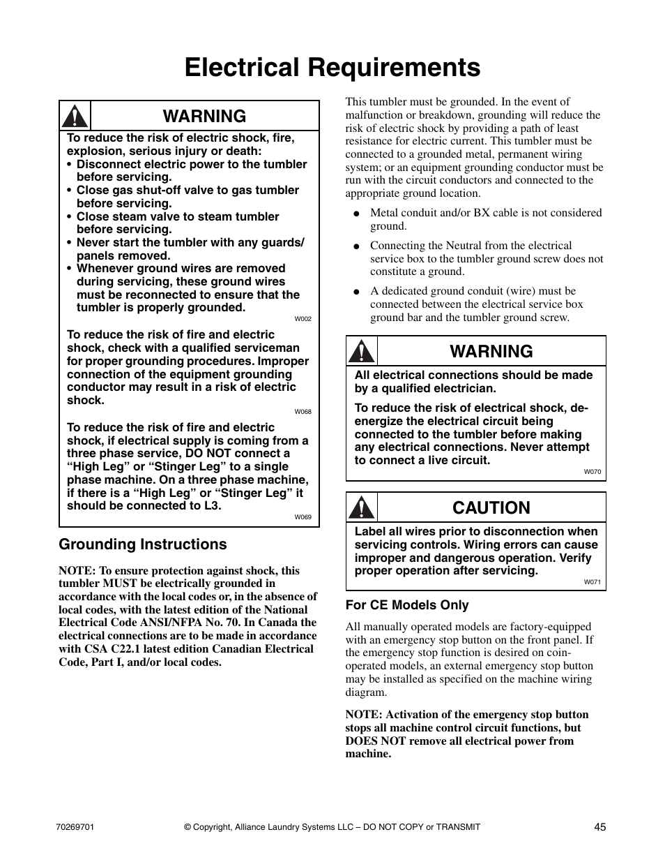 Electrical requirements, Grounding instructions, For ce models only | Warning, Caution | Alliance Laundry Systems 70269701R4 User Manual | Page 47 / 66