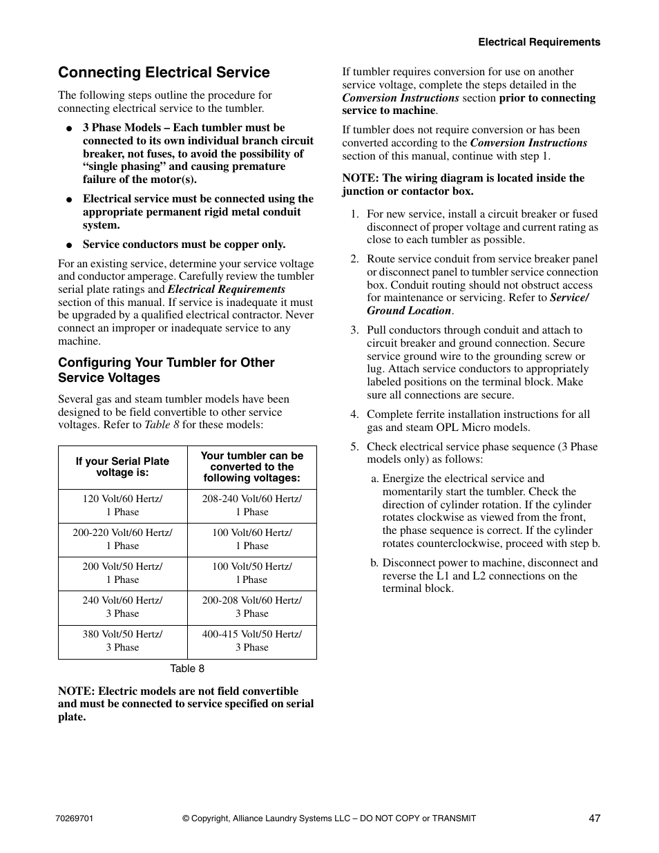 Connecting electrical service | Alliance Laundry Systems 70269701R4 User Manual | Page 49 / 66