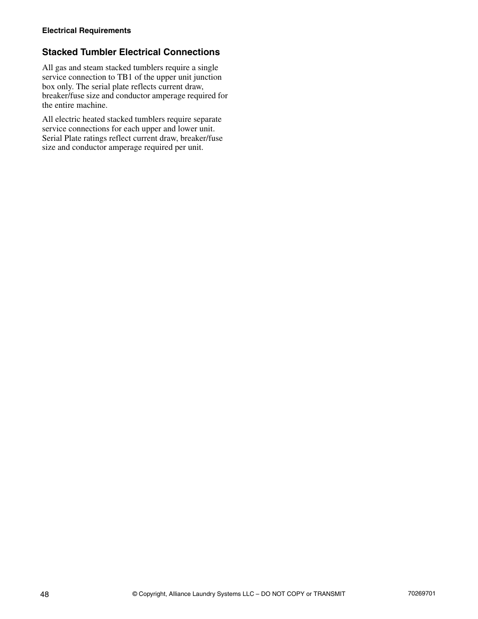 Stacked tumbler electrical connections | Alliance Laundry Systems 70269701R4 User Manual | Page 50 / 66