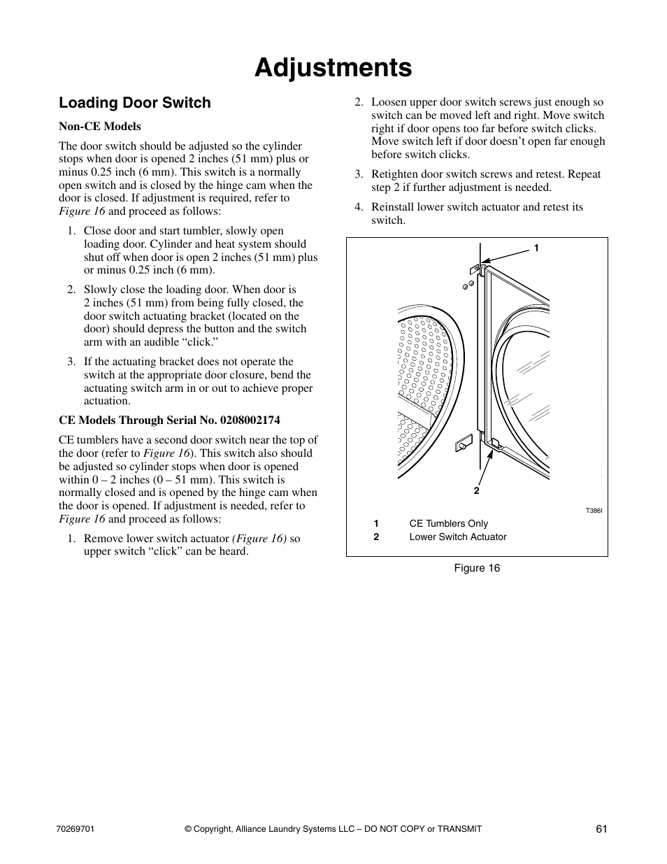 Adjustments, Loading door switch | Alliance Laundry Systems 70269701R4 User Manual | Page 63 / 66