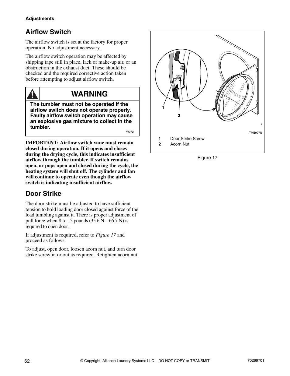 Airflow switch door strike, Warning, Airflow switch | Door strike | Alliance Laundry Systems 70269701R4 User Manual | Page 64 / 66