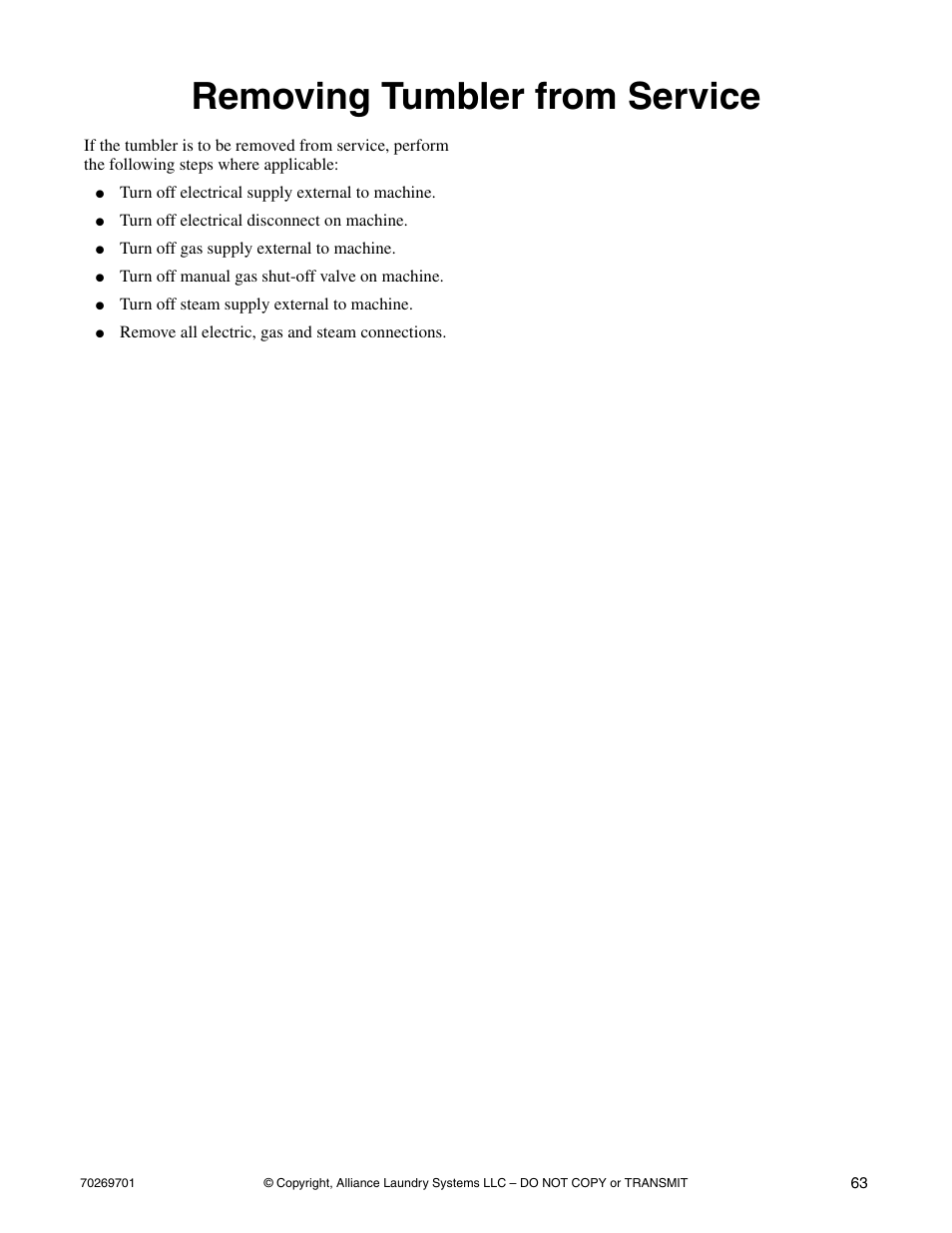 Removing tumbler from service | Alliance Laundry Systems 70269701R4 User Manual | Page 65 / 66