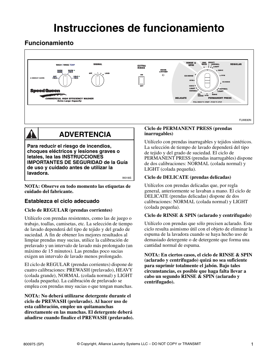 Instrucciones de funcionamiento, Advertencia, Funcionamiento | Alliance Laundry Systems LTS84B*H User Manual | Page 13 / 20