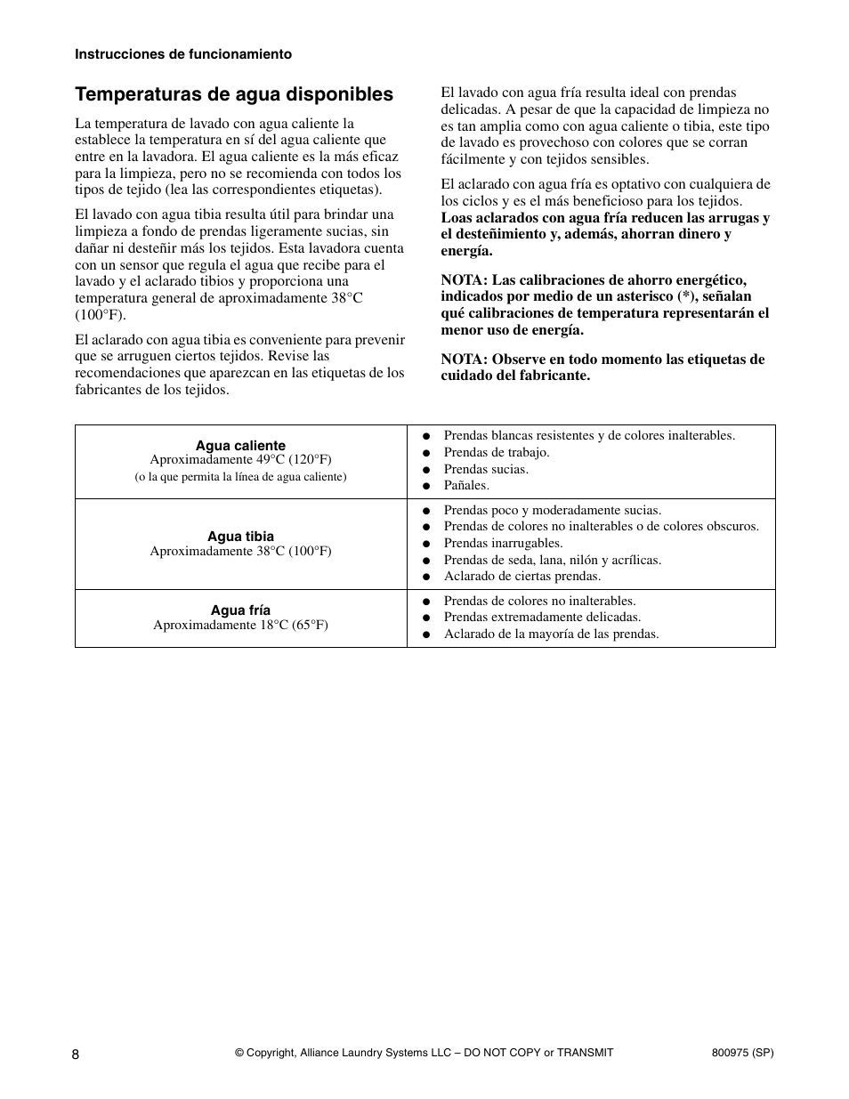 Temperaturas de agua disponibles | Alliance Laundry Systems LTS84B*H User Manual | Page 20 / 20