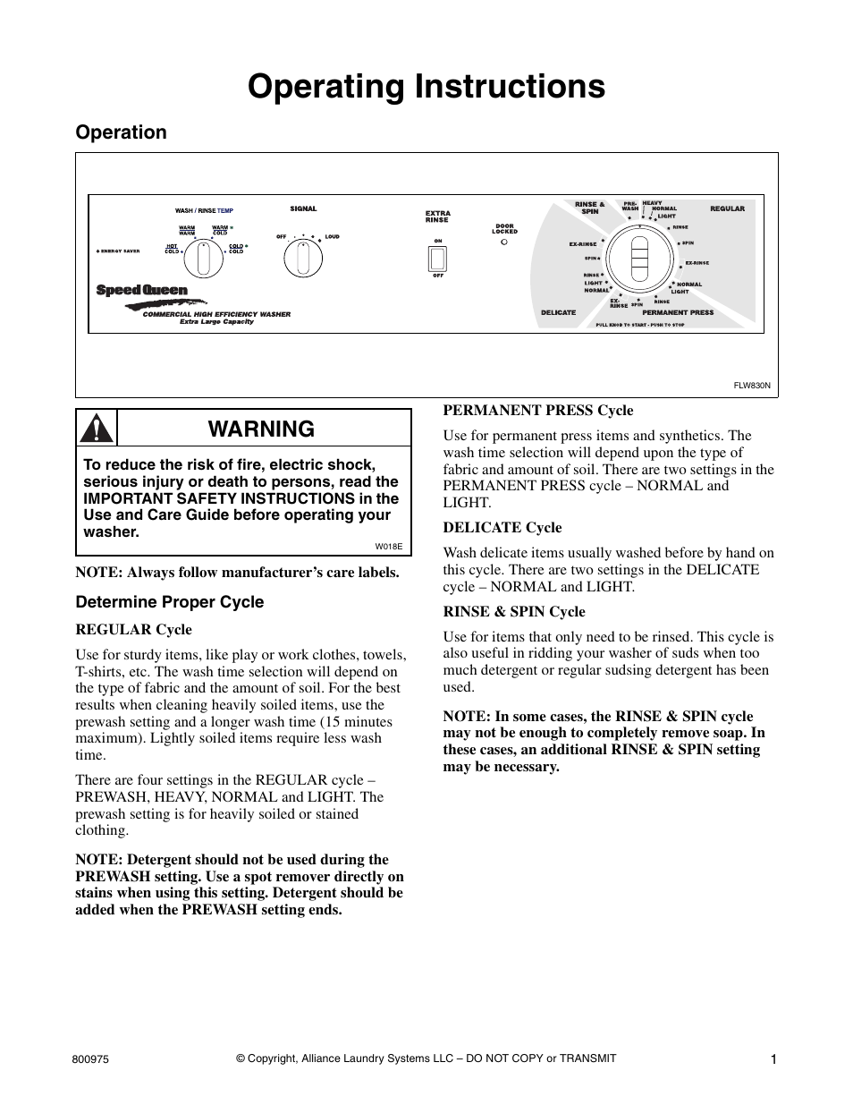 Operating instructions, Warning, Operation | Alliance Laundry Systems LTS84B*H User Manual | Page 3 / 20