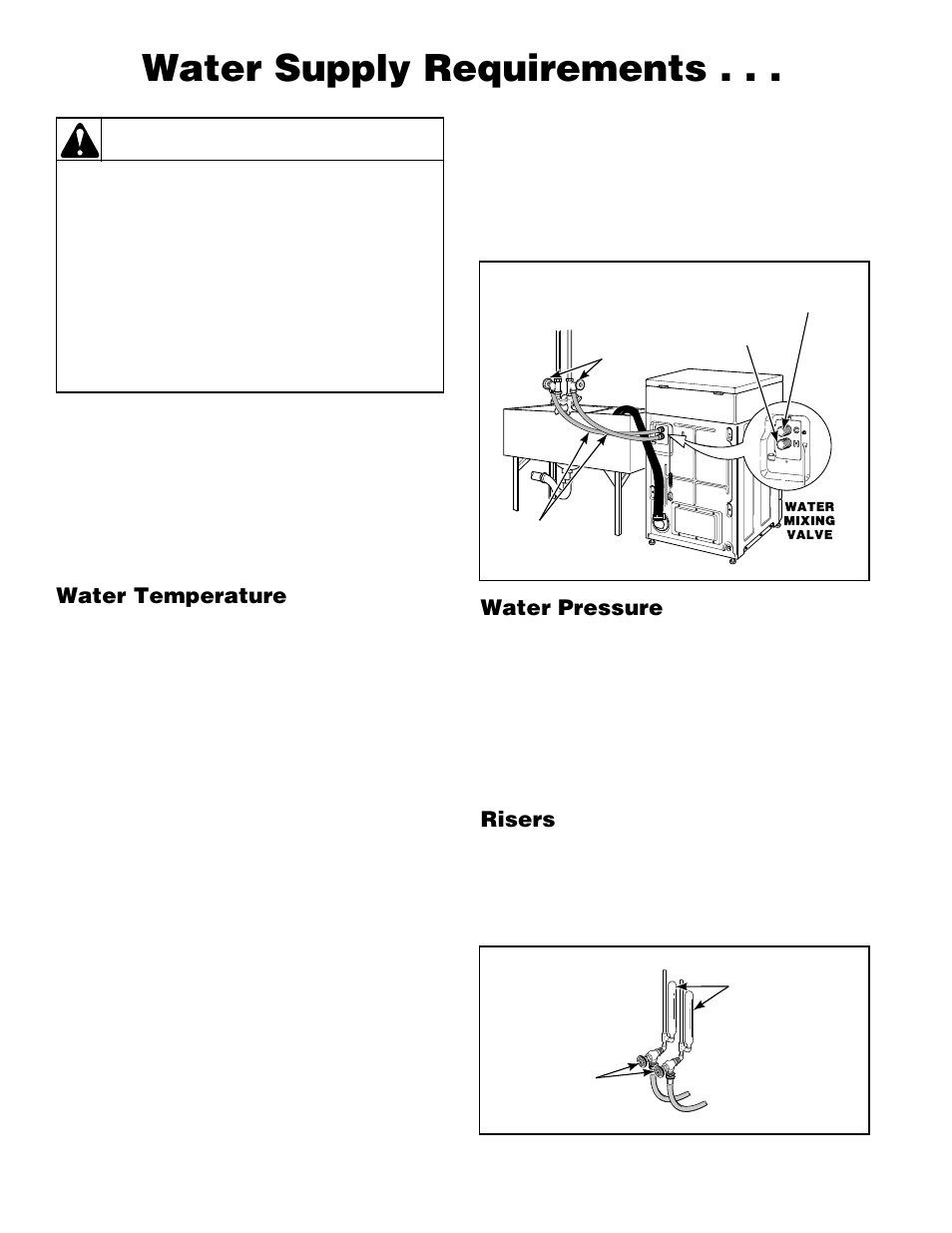 Water supply requirements, Warning, Water temperature | Water pressure, Risers | Alliance Laundry Systems H236I User Manual | Page 16 / 52