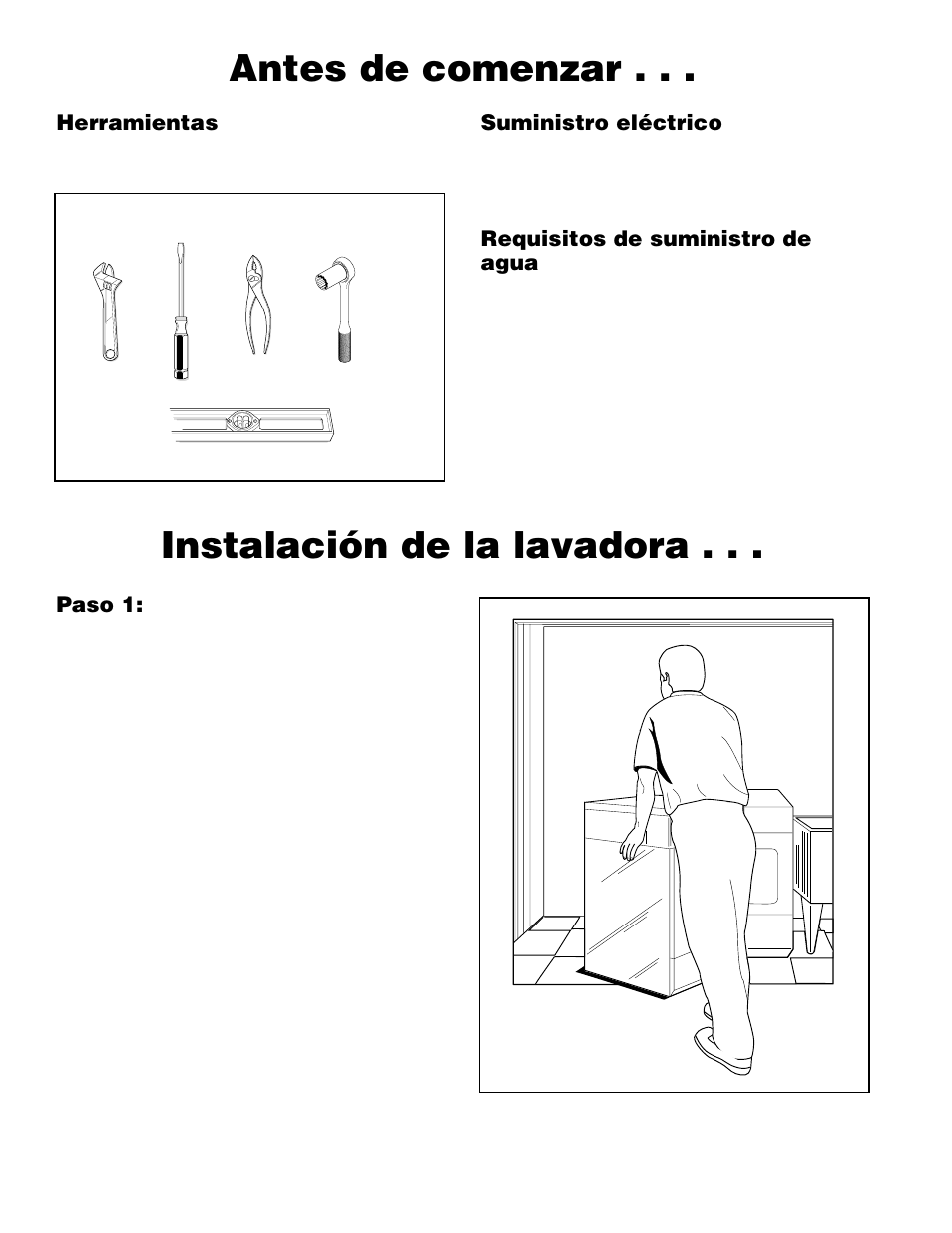 Antes de comenzar, Instalación de la lavadora, Herramientas | Suministro eléctrico, Requisitos de suministro de agua | Alliance Laundry Systems H236I User Manual | Page 32 / 52