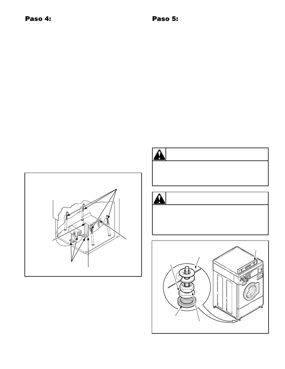 Precaución, Paso 5: coloque la lavadora en su lugar y nivélela | Alliance Laundry Systems H236I User Manual | Page 35 / 52