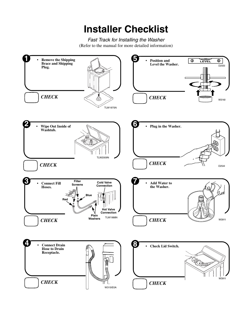 Installer checklist, Fast track for installing the washer, Check | Refer to the manual for more detailed information) | Alliance Laundry Systems Topload Washer User Manual | Page 12 / 12