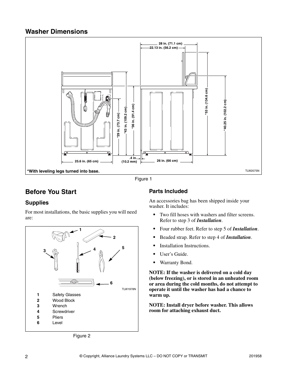 Washer dimensions before you start, Supplies, Parts included | Alliance Laundry Systems Topload Washer User Manual | Page 2 / 12