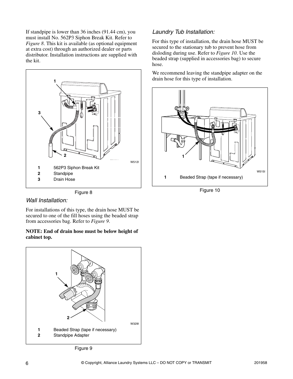 Wall installation, Laundry tub installation | Alliance Laundry Systems Topload Washer User Manual | Page 6 / 12