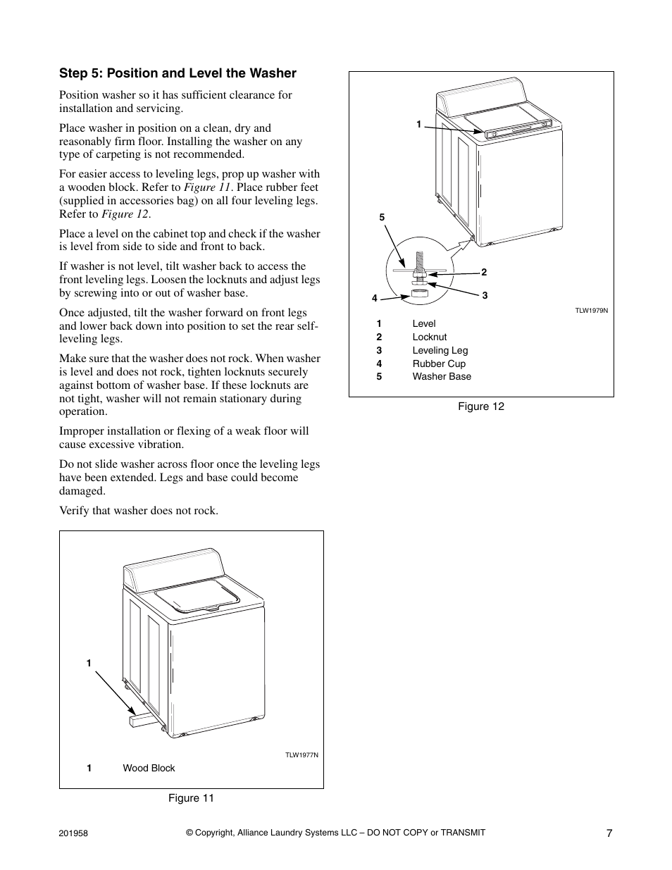 Step 5: position and level the washer | Alliance Laundry Systems Topload Washer User Manual | Page 7 / 12