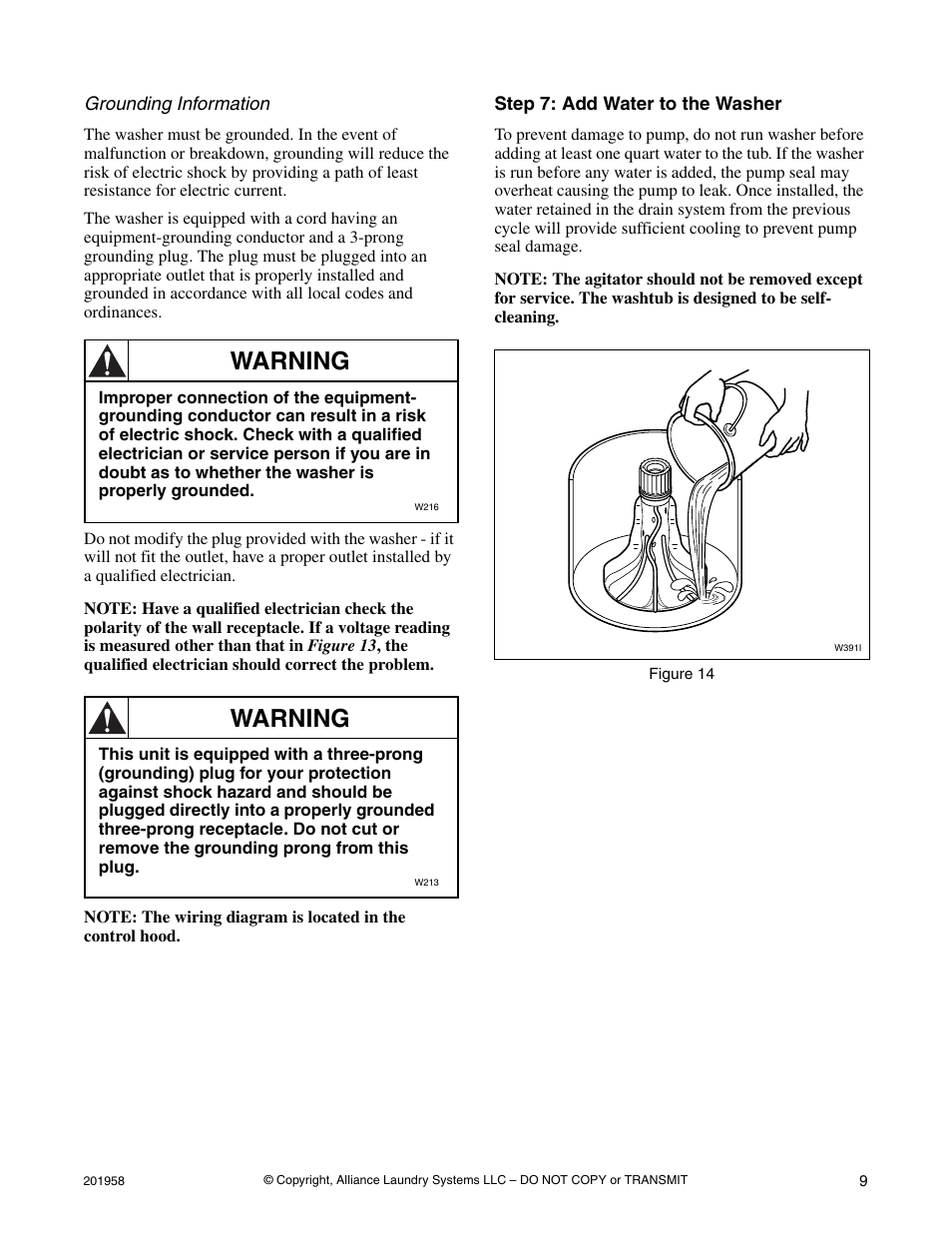 Warning | Alliance Laundry Systems Topload Washer User Manual | Page 9 / 12