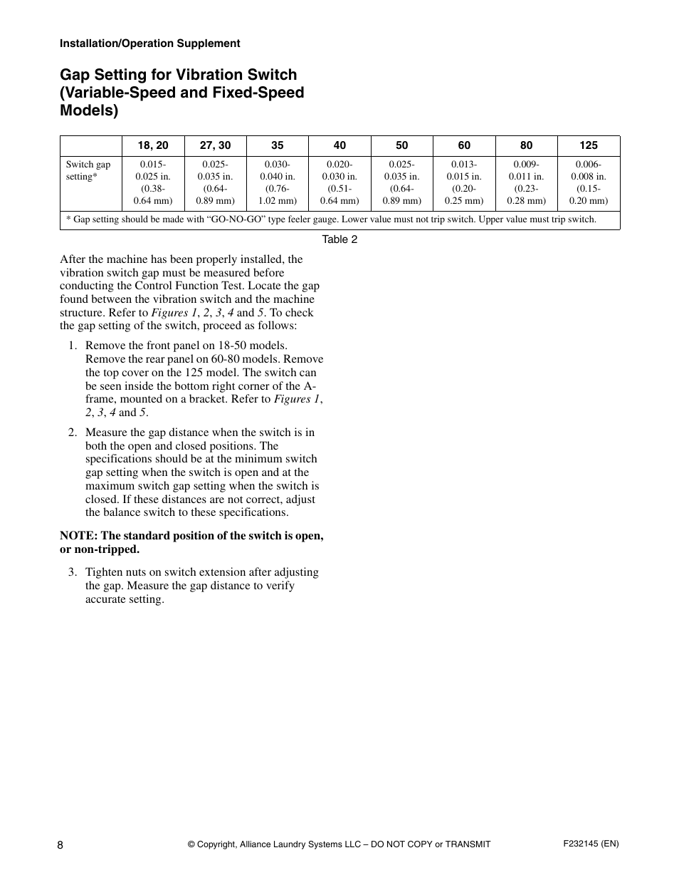 Gap setting for vibration switch, Variable-speed and fixed-speed models) | Alliance Laundry Systems CHM166C User Manual | Page 10 / 38