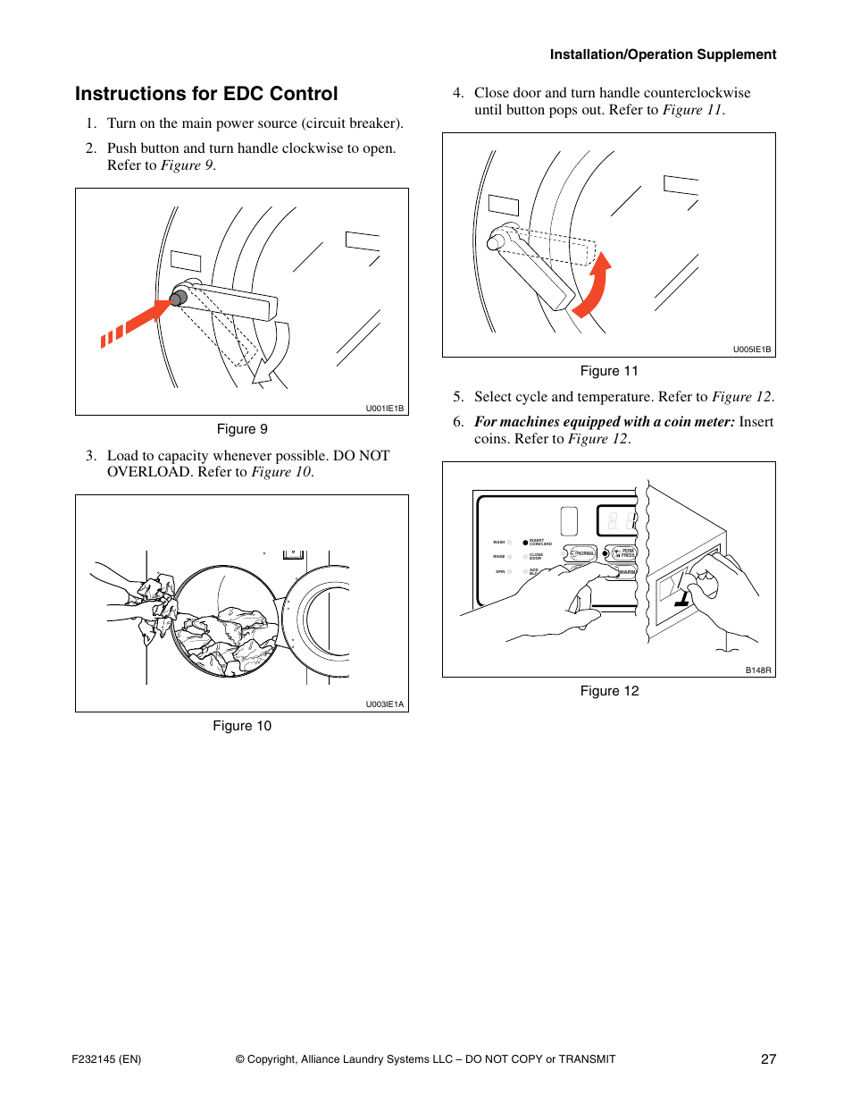 Instructions for edc control, Installation/operation supplement 27, Figure 9 | Figure 10, Figure 11, Figure 12 | Alliance Laundry Systems CHM166C User Manual | Page 29 / 38