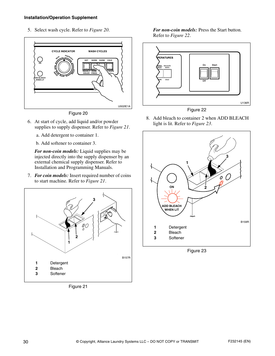 Select wash cycle. refer to figure 20, Installation/operation supplement, Figure 20 | Figure 21, Figure 22, Figure 23, 1detergent 2 bleach 3 softener | Alliance Laundry Systems CHM166C User Manual | Page 32 / 38