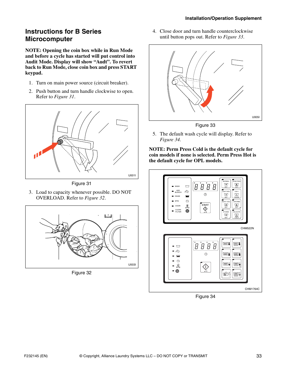 Instructions for b series microcomputer, Installation/operation supplement 33, Figure 31 | Figure 32, Figure 33, Figure 34 | Alliance Laundry Systems CHM166C User Manual | Page 35 / 38
