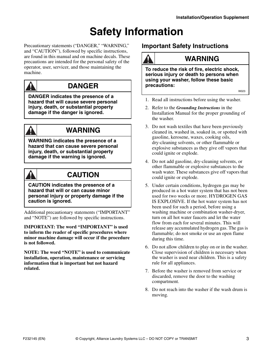 Safety information, Important safety instructions, Danger | Warning, Caution | Alliance Laundry Systems CHM166C User Manual | Page 5 / 38