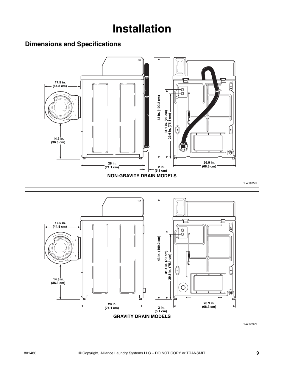 Installation, Dimensions and specifications, Non-gravity drain models | Gravity drain models | Alliance Laundry Systems H264I User Manual | Page 11 / 76