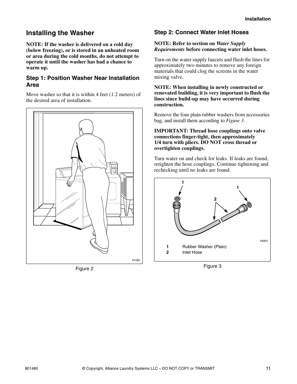 Installing the washer | Alliance Laundry Systems H264I User Manual | Page 13 / 76