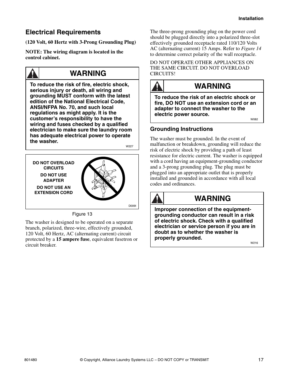 Warning, Electrical requirements | Alliance Laundry Systems H264I User Manual | Page 19 / 76