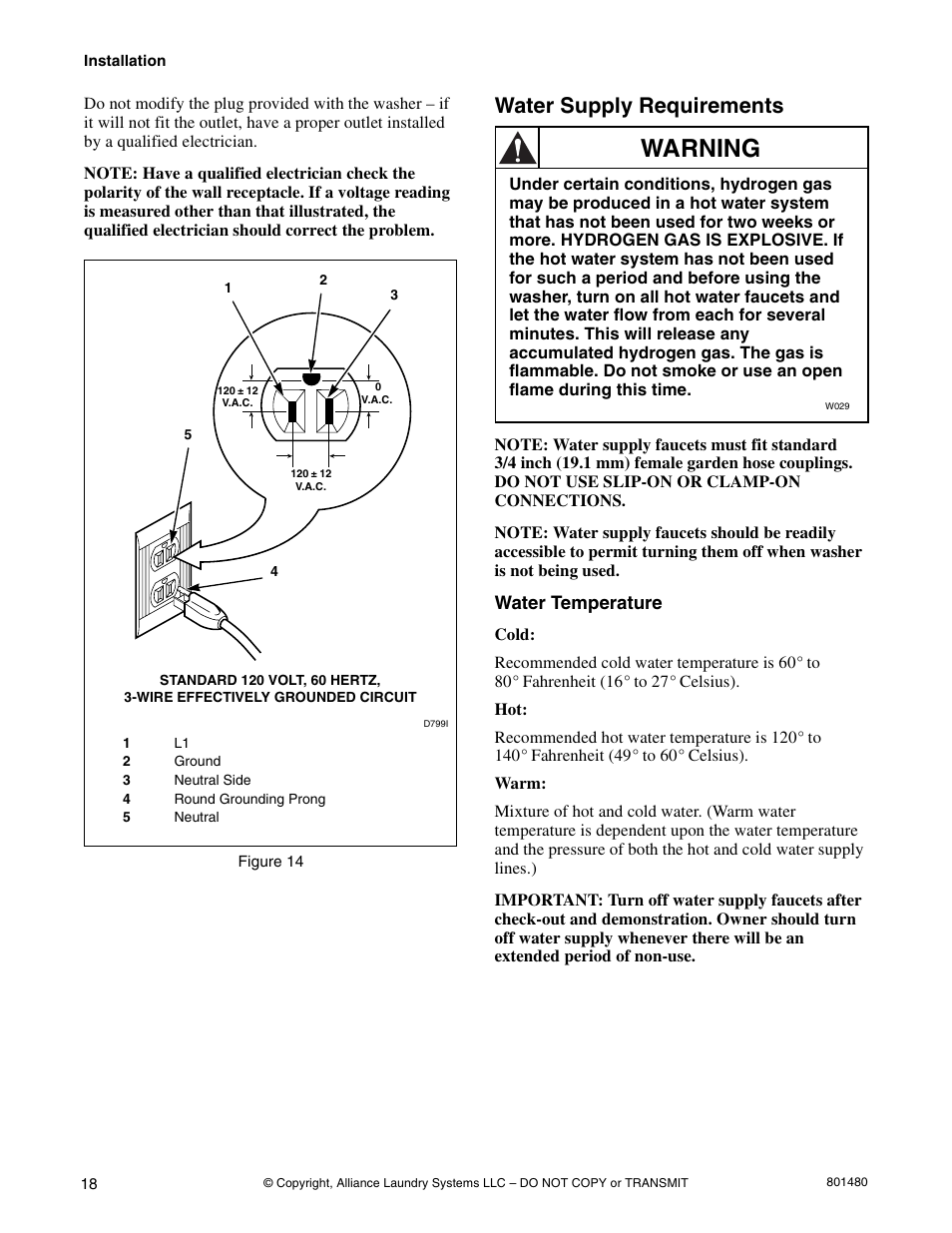 Warning, Water supply requirements, Water temperature | Alliance Laundry Systems H264I User Manual | Page 20 / 76