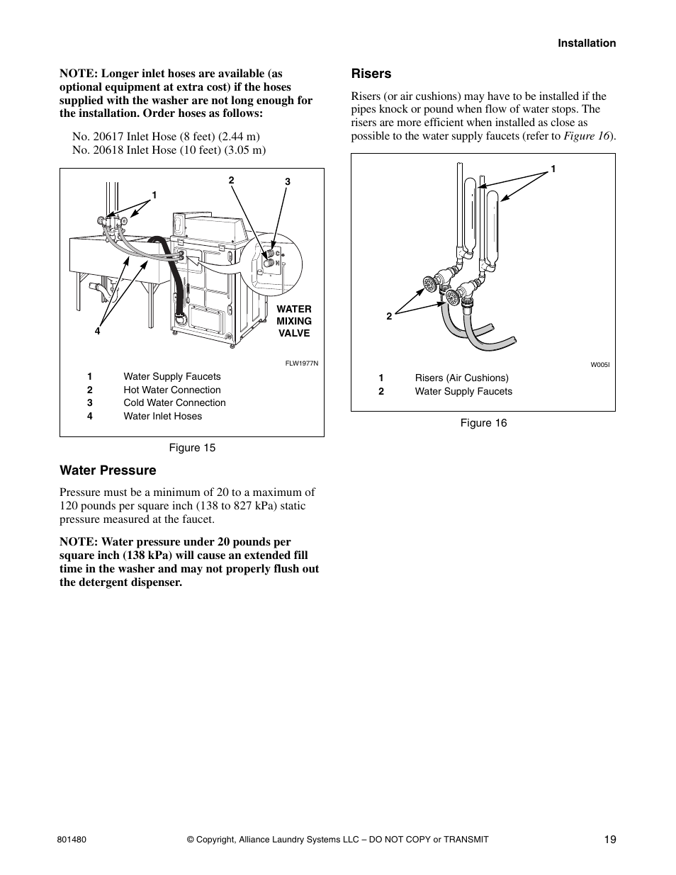 Water pressure, Risers | Alliance Laundry Systems H264I User Manual | Page 21 / 76