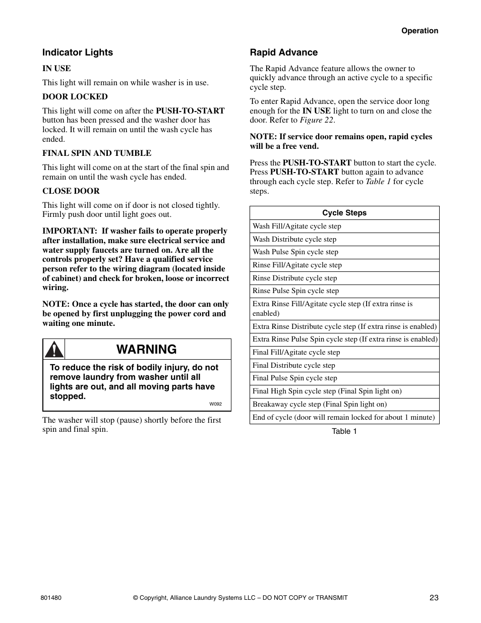 Warning | Alliance Laundry Systems H264I User Manual | Page 25 / 76