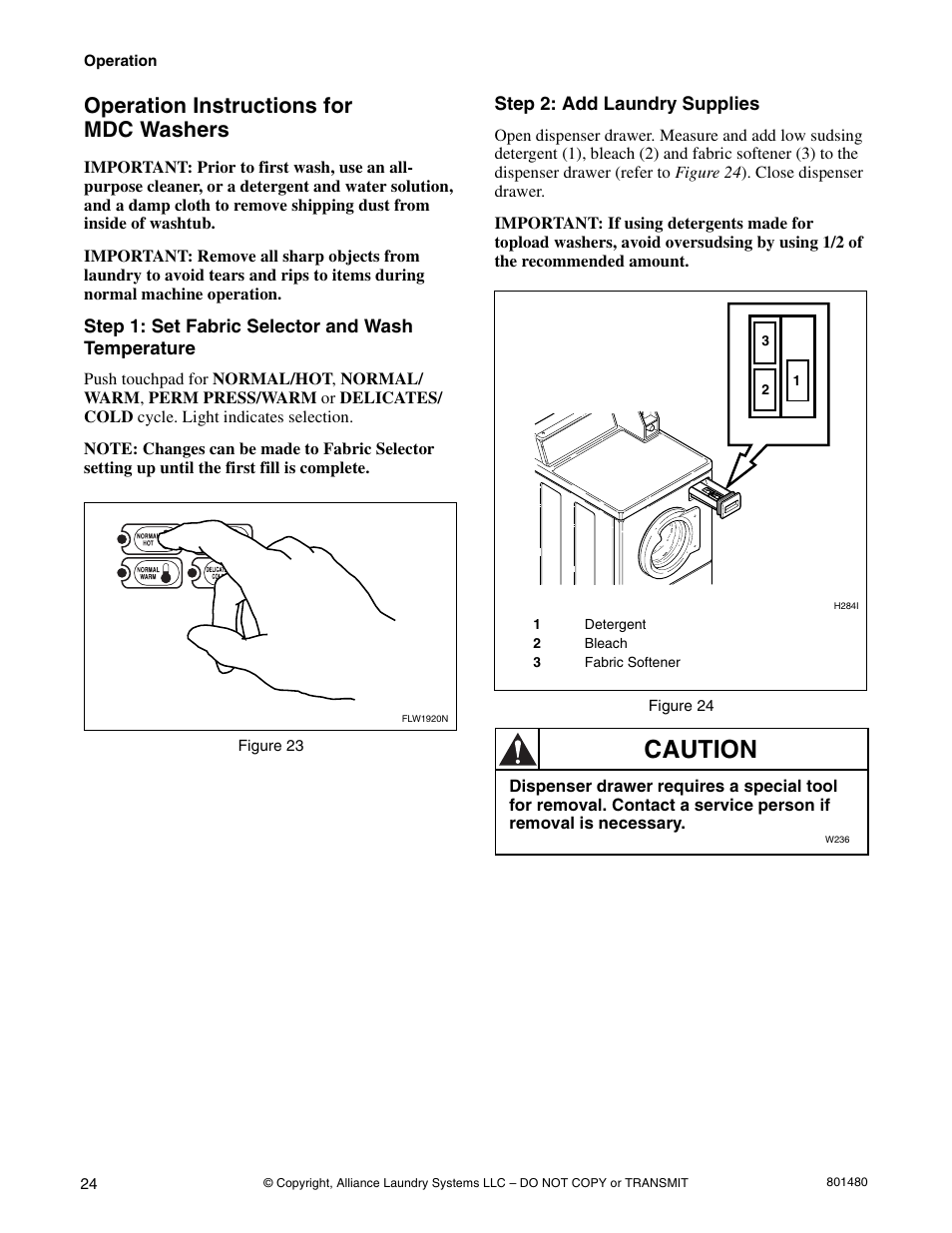 Caution, Operation instructions for mdc washers | Alliance Laundry Systems H264I User Manual | Page 26 / 76