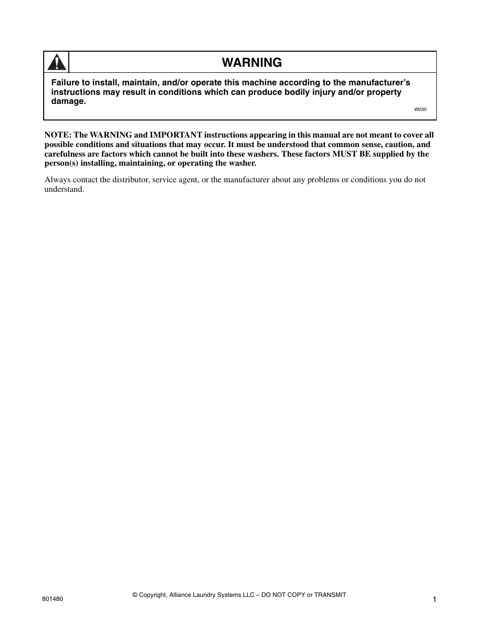 Warning | Alliance Laundry Systems H264I User Manual | Page 3 / 76