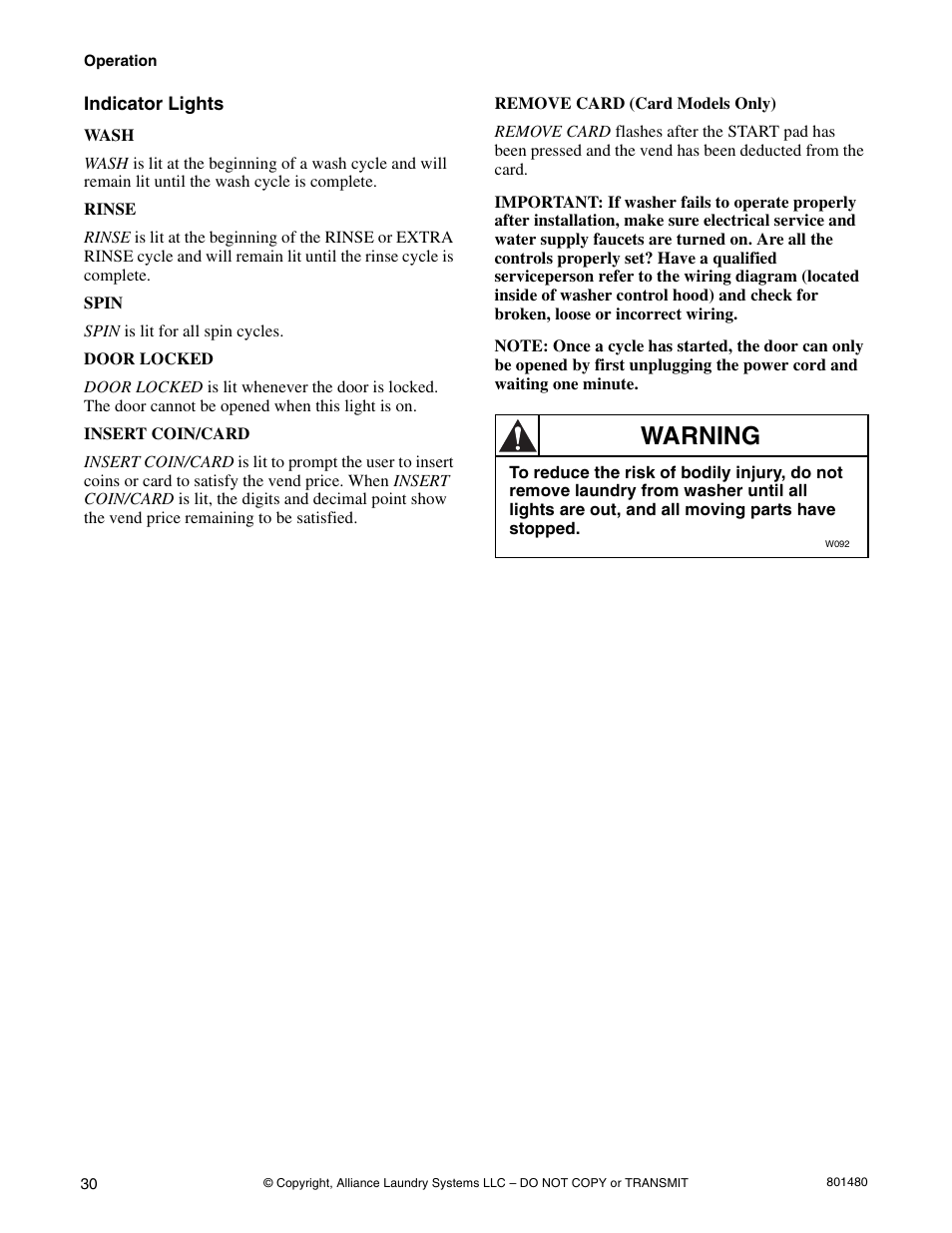 Warning | Alliance Laundry Systems H264I User Manual | Page 32 / 76