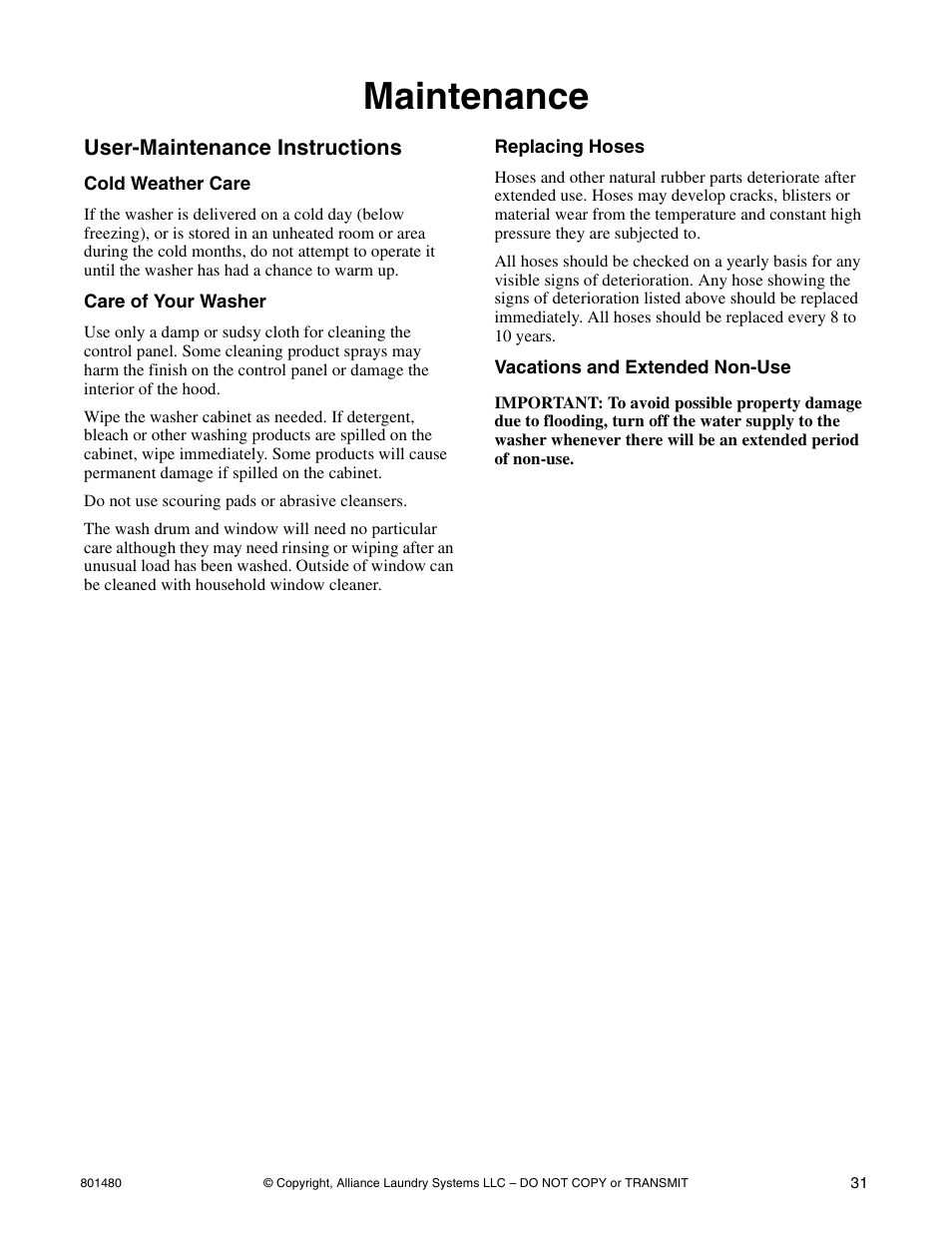 Maintenance | Alliance Laundry Systems H264I User Manual | Page 33 / 76