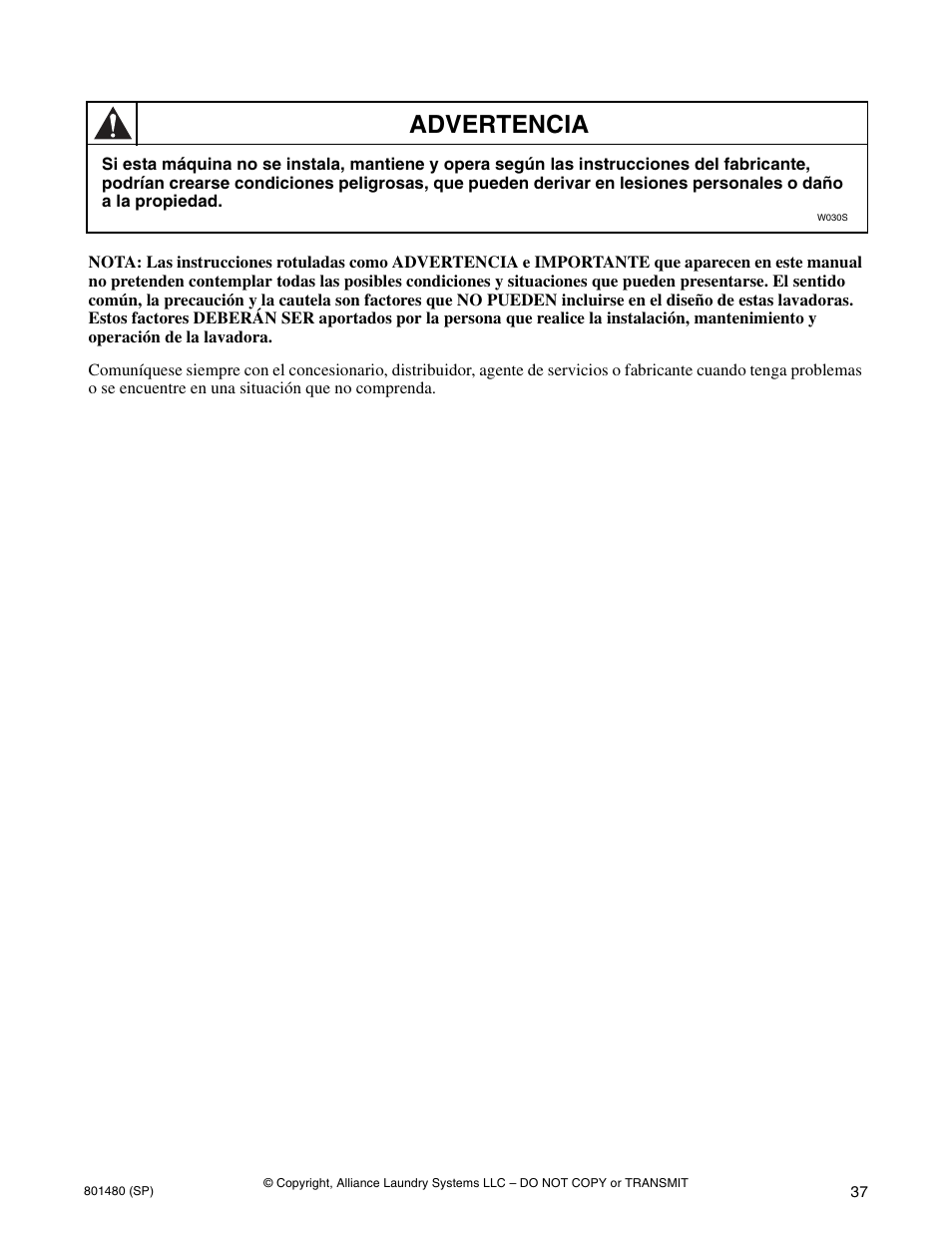 Advertencia | Alliance Laundry Systems H264I User Manual | Page 39 / 76