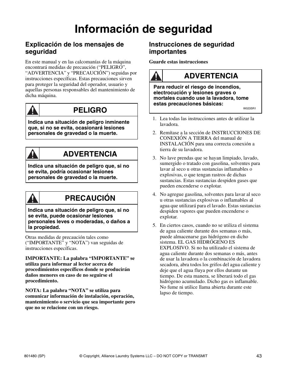 Información de seguridad, Peligro, Advertencia | Precaución | Alliance Laundry Systems H264I User Manual | Page 45 / 76