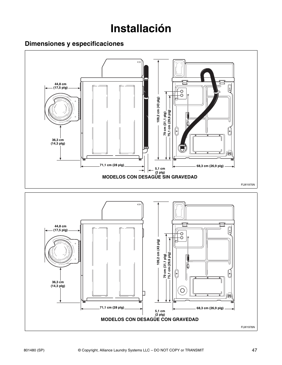 Installación, Dimensiones y especificaciones, Modelos con desagüe sin gravedad | Modelos con desagüe con gravedad | Alliance Laundry Systems H264I User Manual | Page 49 / 76