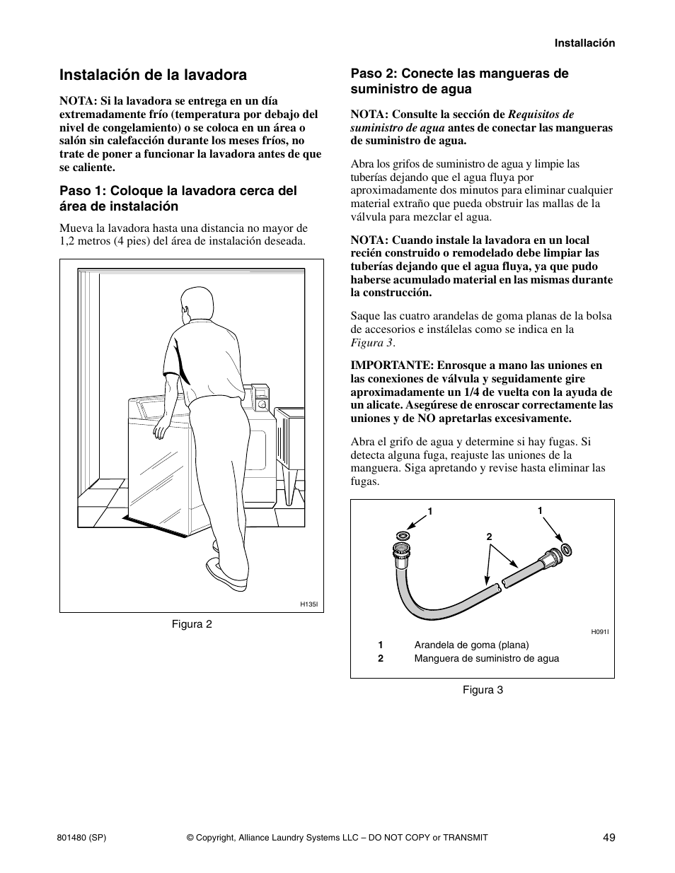 Instalación de la lavadora | Alliance Laundry Systems H264I User Manual | Page 51 / 76